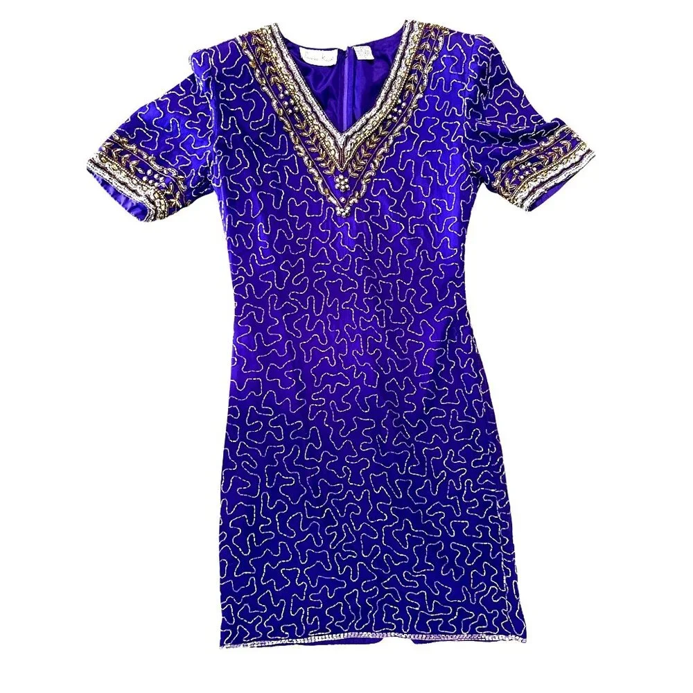 All Silk Vintage Dress by Lawrence Kazar Med Purple Beaded Cocktail Dress Glam - Picture 8 of 12